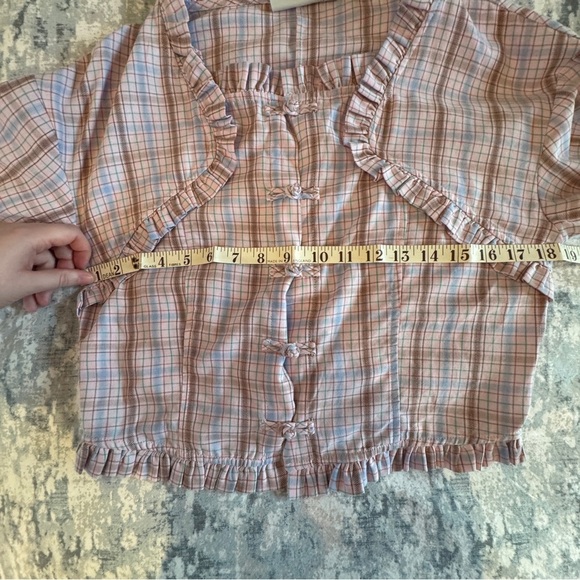 Kina and Tam Plaid & Prejudice Blouse Sz M Coquette Ruffle Romantic Regency Pink - Picture 15 of 16